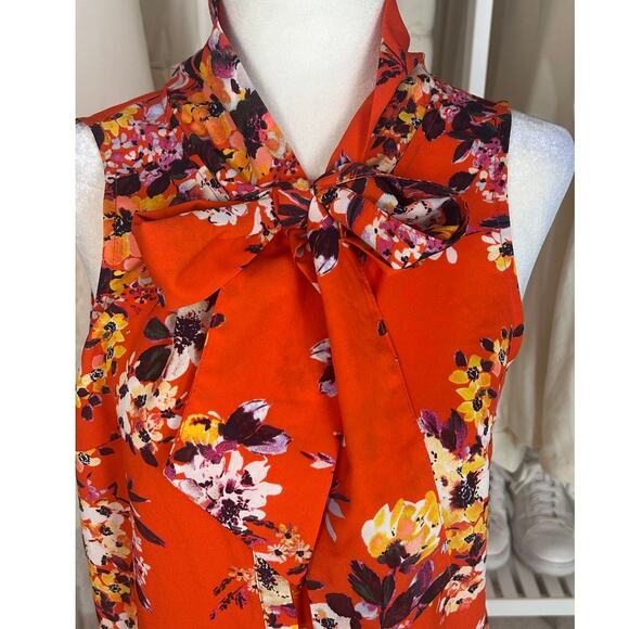 A New Day Women's Size S Orange Floral Tie Neck Sleeveless Blouse #0506 - Picture 2 of 12